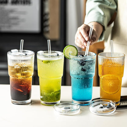 Snextek 20oz Glass Tumblers with Lids and Glass Straws, Thickened for Iced Coffee, Smoothies,Cocktails and Juices-Elegant Durable for Home, Office,Travel (Clear)