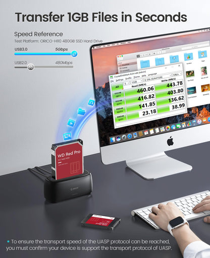 ORICO External Hard Drive Docking Station for 2.5/3.5 Inch HDD SSD USB 3.0 to SATA Hard Drive Dock Up to 22TB Support UASP 12V Power Adapter Supply-DD18