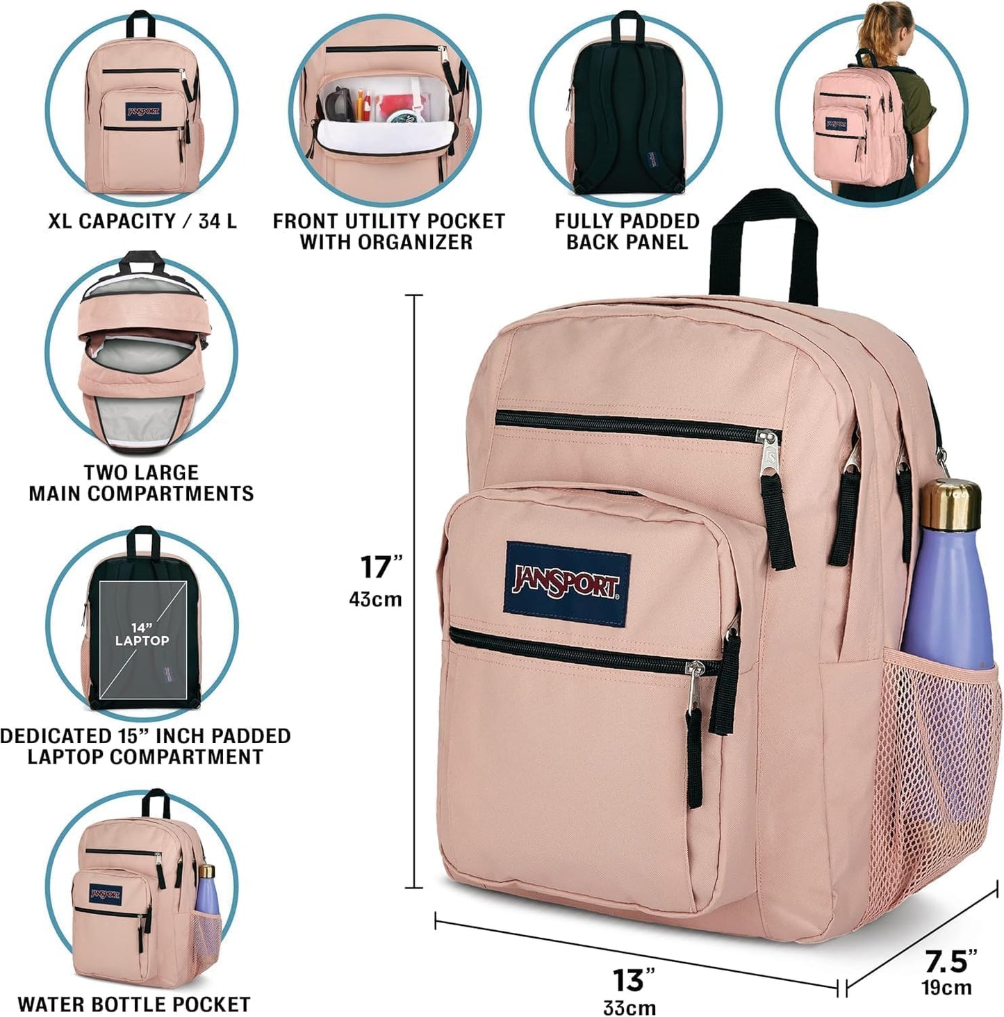 JanSport Laptop-Rucksack – Computertasche mit 2 Fächern, ergonomischen Schultergurten, 15-Zoll-Laptopfach, Tragegriff – Bücherrucksack – Erdbeer-Dusche 