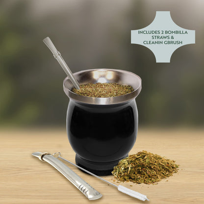 Norte Yerba Mate Tassen-Set, 237 ml (8 oz) Traditionelles Mate-Tee-Tassen-/Kalebasse-Set | Inklusive 2 Bombillas (Yerba-Mate-Strohhalm) &amp; Reinigungsbürste, Edelstahlbecher, doppelwandig, leicht zu reinigen | Schwarz