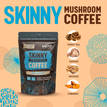 Skinny Instant Mushroom Coffee (60 Servings) Mental Focus Plus Diet Support - Turkey Tail, Maitake, Shiitake & Turmeric, Mixed With Gourmet 100% Arabica Medium Roast Instant Coffee
