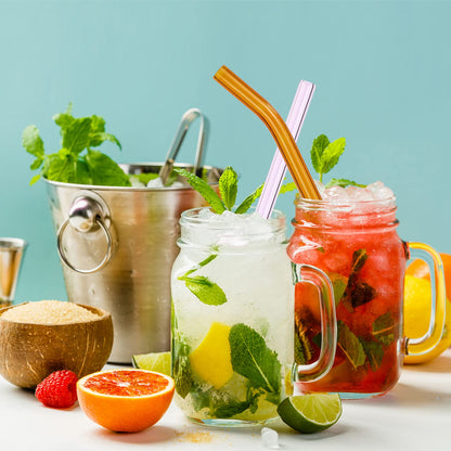 RENYIH 10 wiederverwendbare Glas-Smoothie-Strohhalme, 9'' x 12 mm Glas-Trinkhalme für Milchshakes, Tee, Saft, Set mit 5 geraden und 5 gebogenen Strohhalmen mit 2 Reinigungsbürsten - Spülmaschinenfest (Bunt)