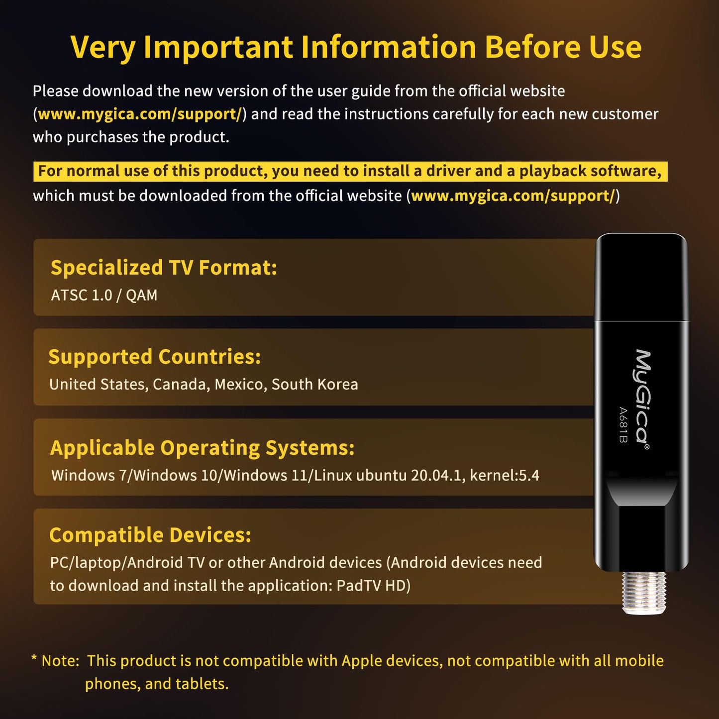 Mygica A681B USB 2.0 TV Tuner Card, ATSC HD Digital External HDTV Tuner Stick Dongle Adapter for Windows PC Computer + Laptop + Android TV - Black
