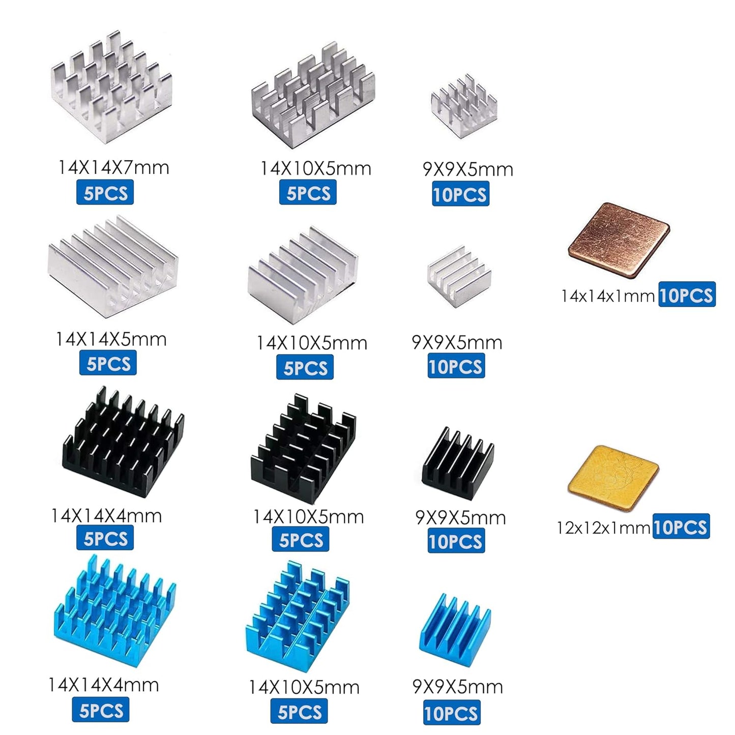 100 Pcs Heatsinks (Multi-Size&Multi-Color), Heatsink Kit with 3M 8810 Conductive Adhesive Tape Aluminum Heat Sink Copper Heat Sinks Cooler for Raspberry Pi 5/4/3/Zero VRM SSD 3D Printer