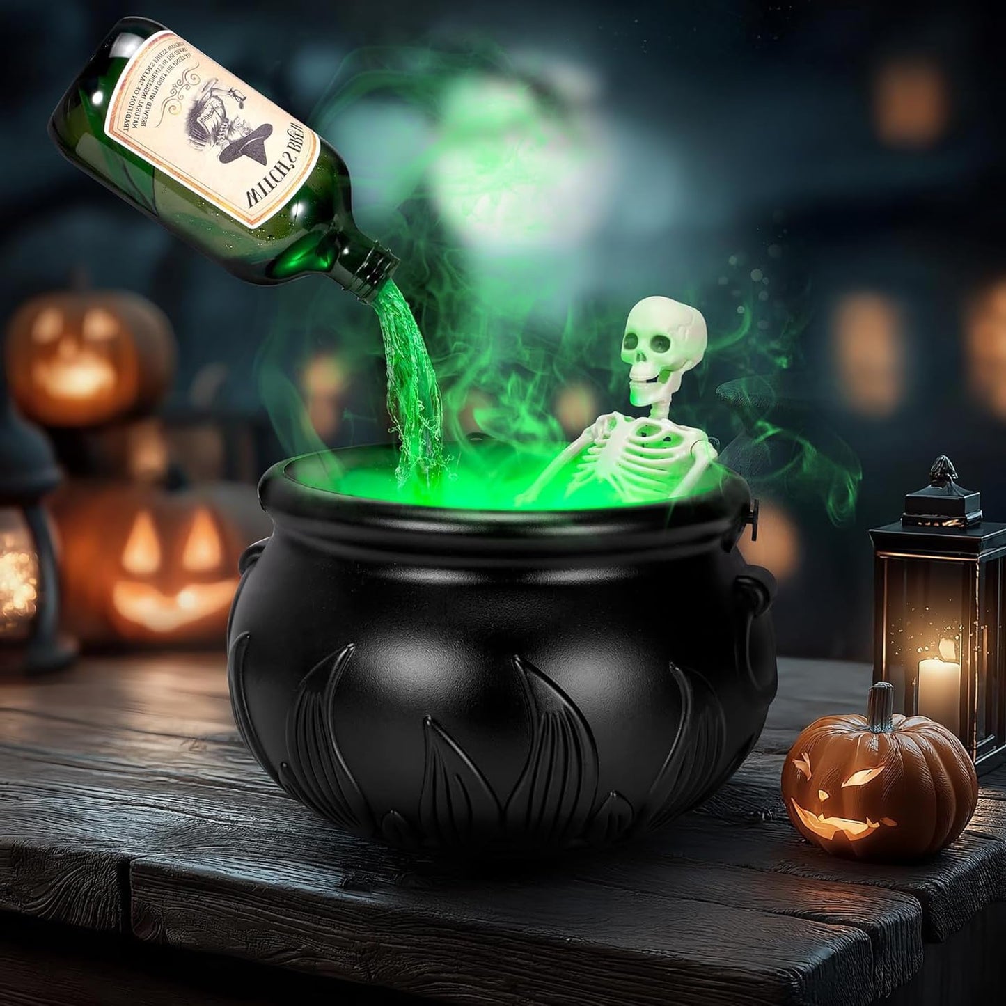 Nollapo Halloween 10” Floating Potion Cauldron Set with Mist Maker - DIY Spooky Witch Cauldron Décor with 9 Colorant Bottles (10")