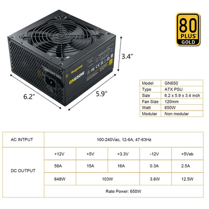 Segotep 650W 80 Plus Gold Certified Non-Modular ATX Power Supply with 6+2 Pin Connectors PFC Protection and RoHS Compliance, 120mm Silent Fan Gaming PSU GN-650 Black