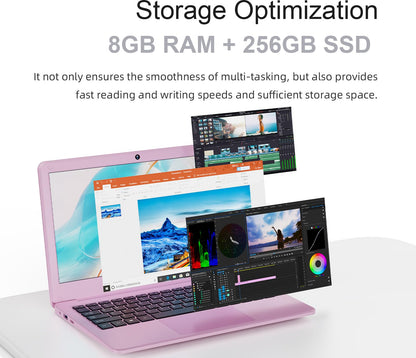 PONKLOIE Laptop Computer, Windows 11 Pro for Business & Students, 8GB RAM 256GB ROM, 11.6", N4000 Processor, 6-Port, HDMI, Bluetooth 5 & wifi5, Lightweight Mini Laptop for Office & Study(Pink)