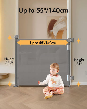 Einziehbares Babygitter für Treppen und Türen, 140 cm breit x 85 cm hoch, einfach zu installierendes Netz-Hundegitter für den Innen- und Außenbereich, Haustier- und Hundesicherheitsgitter für Flure (Grau)