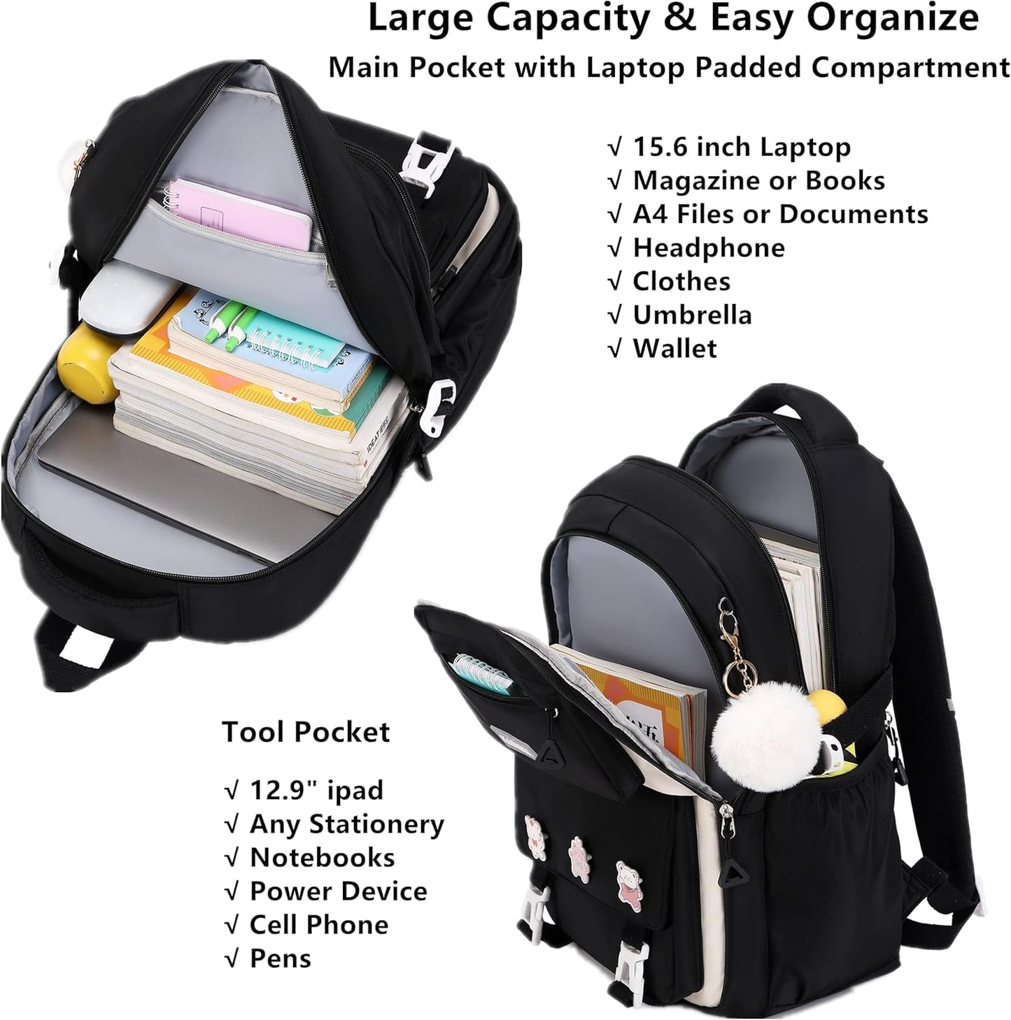 QHRIDS Mädchenrucksack, ästhetischer Laptop-Rucksack, Kawaii-Stil, große Schultasche, Anime-Stil, lässiger Reise-Tagesrucksack, Schwarz