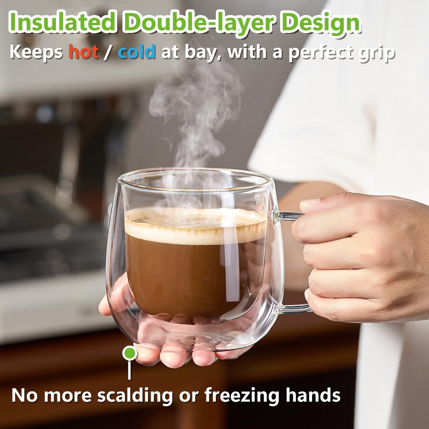 Pludyat 4 Pack Double Walled Glass Coffee Mugs, 16 oz Large Insulated Clear Coffee Cups with Handle, Cappuccino Mug for Espresso, Latte, Americano, Tea Bag, Beverage, Heat & Cold Resistant