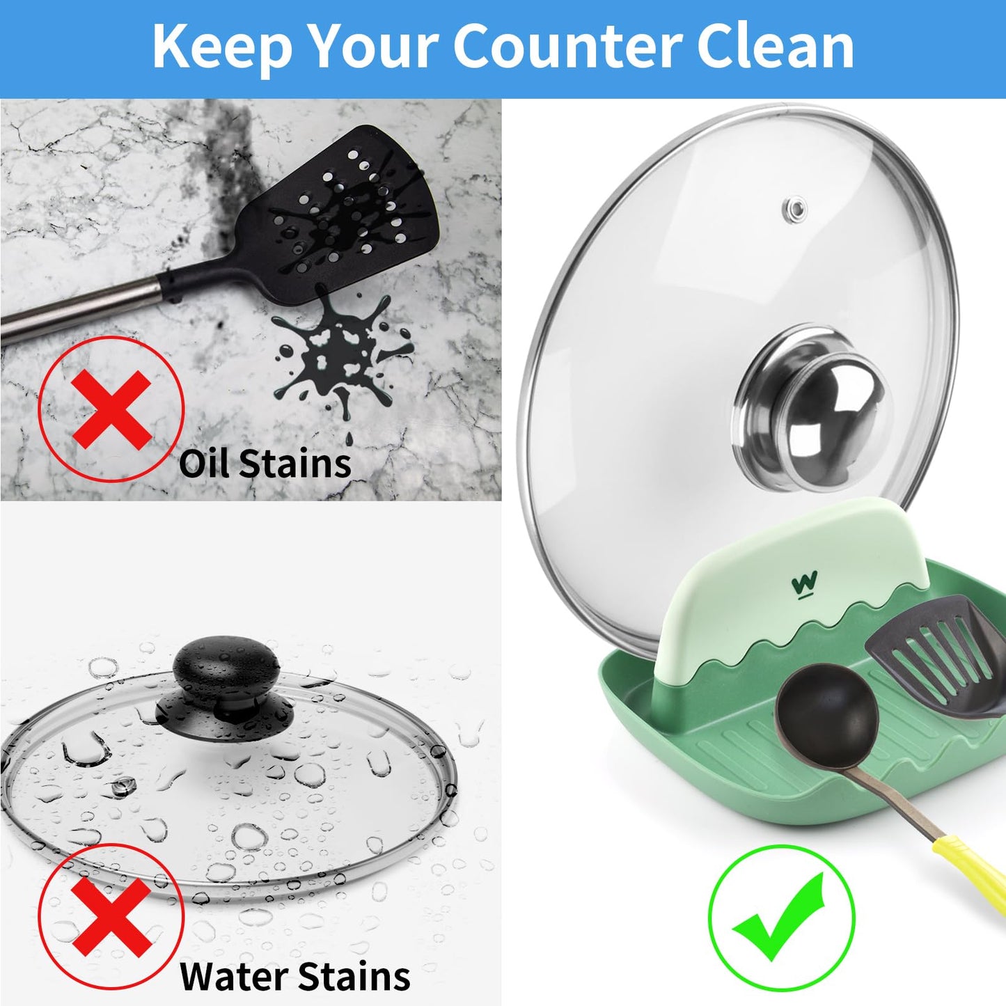 Spoon and Lid Rest - 2 Packs Spoon Rest with Lid Holder, Neat & Drip-Free Spoon Rest for Countertop Stove Top, Heat-Resistant Utensil Rest for Spoons, Pot Lids, Spatulas, Utensils, Forks (Green)