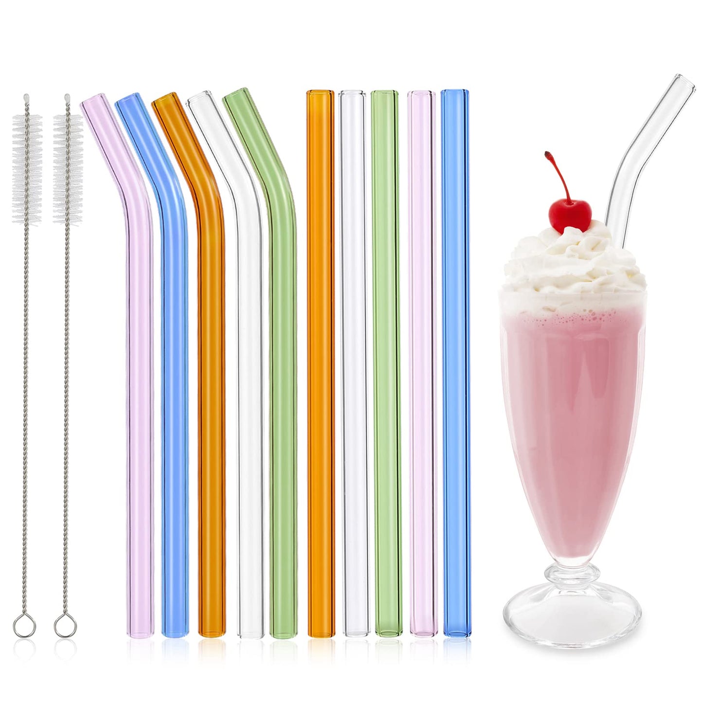 RENYIH 10 wiederverwendbare Glas-Smoothie-Strohhalme, 9'' x 12 mm Glas-Trinkhalme für Milchshakes, Tee, Saft, Set mit 5 geraden und 5 gebogenen Strohhalmen mit 2 Reinigungsbürsten - Spülmaschinenfest (Bunt)
