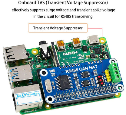 RS485 CAN HAT for Raspberry Pi 5/4B/3B+/3B/2B/B+/Zero/Zero W/WH/2W, Long-Distance Communication via RS485/CAN Function, Onboard CAN Controller MCP2515, SPI Interface Transceiver SIT65HVD230DR