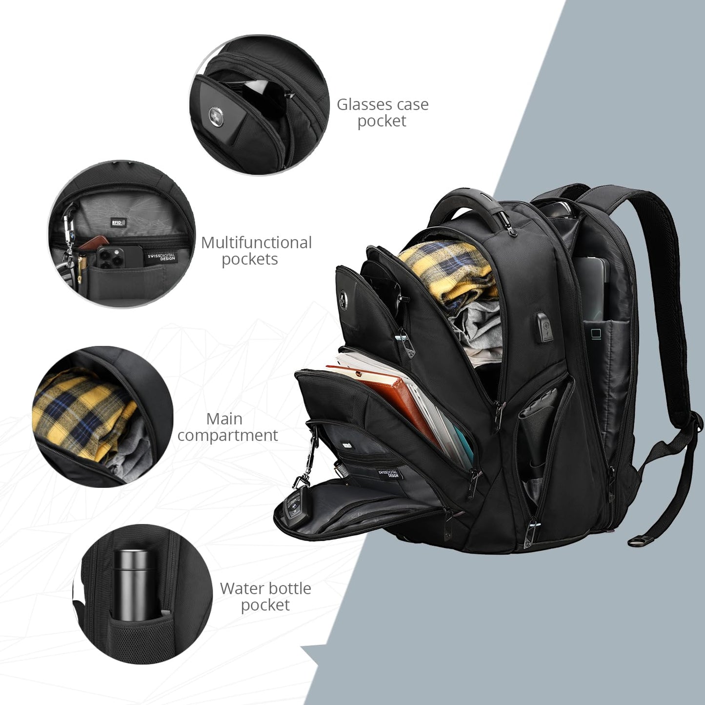 Swissdigital Design Herren-Reiserucksack für Laptops, großes Fassungsvermögen, TSA-konform, USB-Ladeanschluss, RFID-Schutz, geeignet für Uni und Beruf, passend für 17-Zoll-Laptops, Schwarz | SD1644FB-01