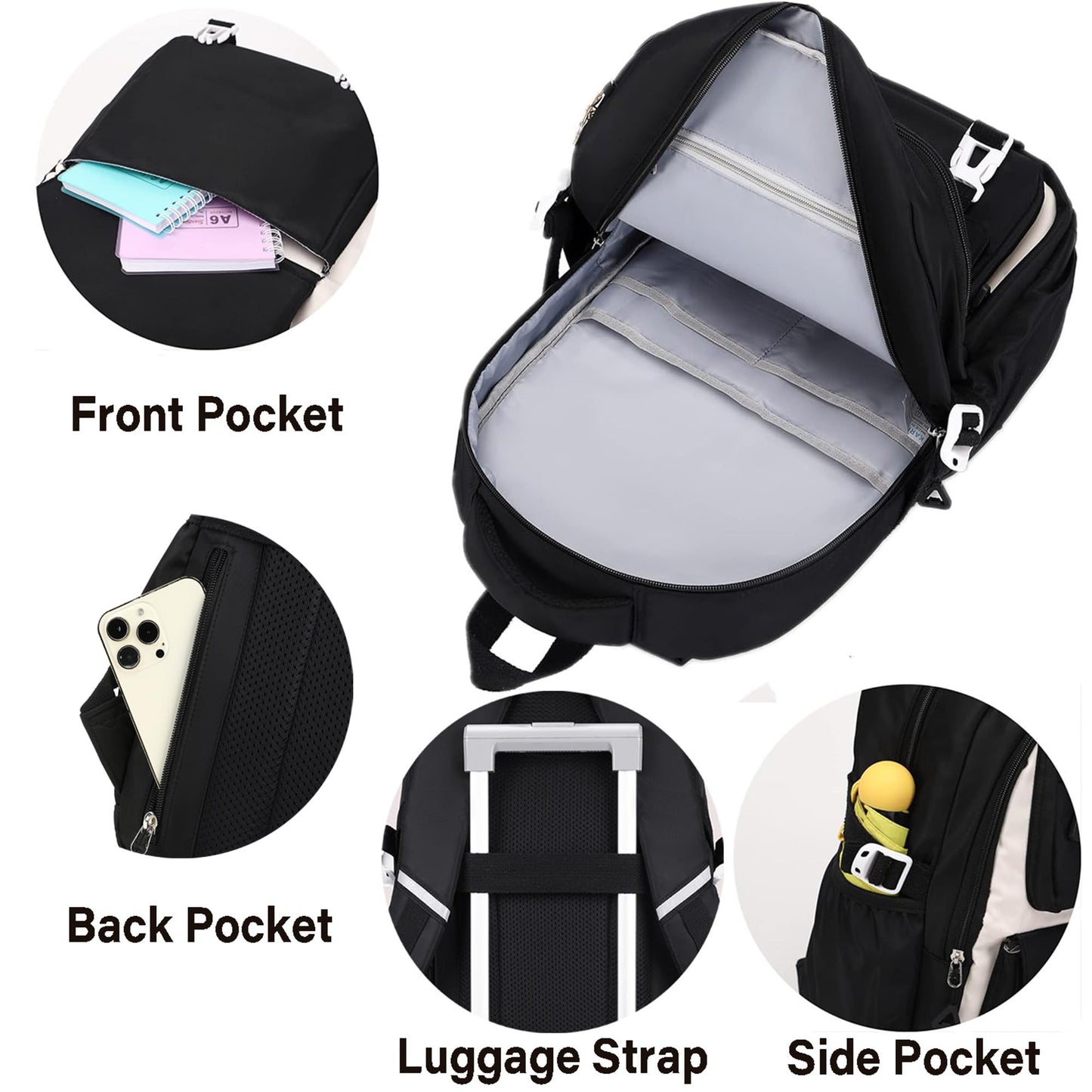 QHRIDS Mädchenrucksack, ästhetischer Laptop-Rucksack, Kawaii-Stil, große Schultasche, Anime-Stil, lässiger Reise-Tagesrucksack, Schwarz