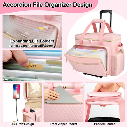 SIYNPAV Rolling Teacher Bag with Accordion File Organizer, USB Port& 15.6 Inch Laptop Compartment, Wheeled Teacher Tote Bag with Detachable Trolley for Teaching& Office Supplies Storage (Pink)