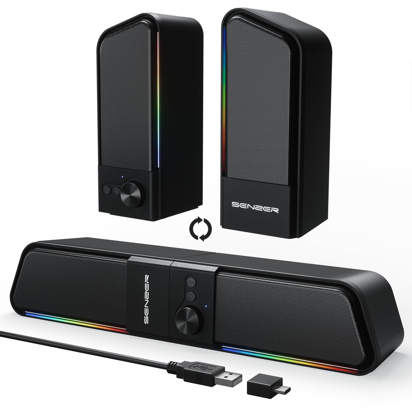 SENZER CS20 2 in 1 Bluetooth Computer Speakers for Desktop, USB Plug & Play Clear Sound PC Speakers with RGB Light, Monitor Sound Bar with Volume Knob, Gaming Speaker for PC Laptop Phone Tablet