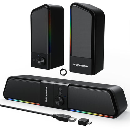 SENZER CS20 2 in 1 Bluetooth Computer Speakers for Desktop, USB Plug & Play Clear Sound PC Speakers with RGB Light, Monitor Sound Bar with Volume Knob, Gaming Speaker for PC Laptop Phone Tablet
