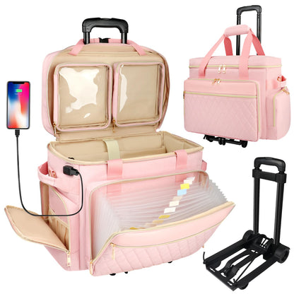 SIYNPAV Rolling Teacher Bag with Accordion File Organizer, USB Port& 15.6 Inch Laptop Compartment, Wheeled Teacher Tote Bag with Detachable Trolley for Teaching& Office Supplies Storage (Pink)