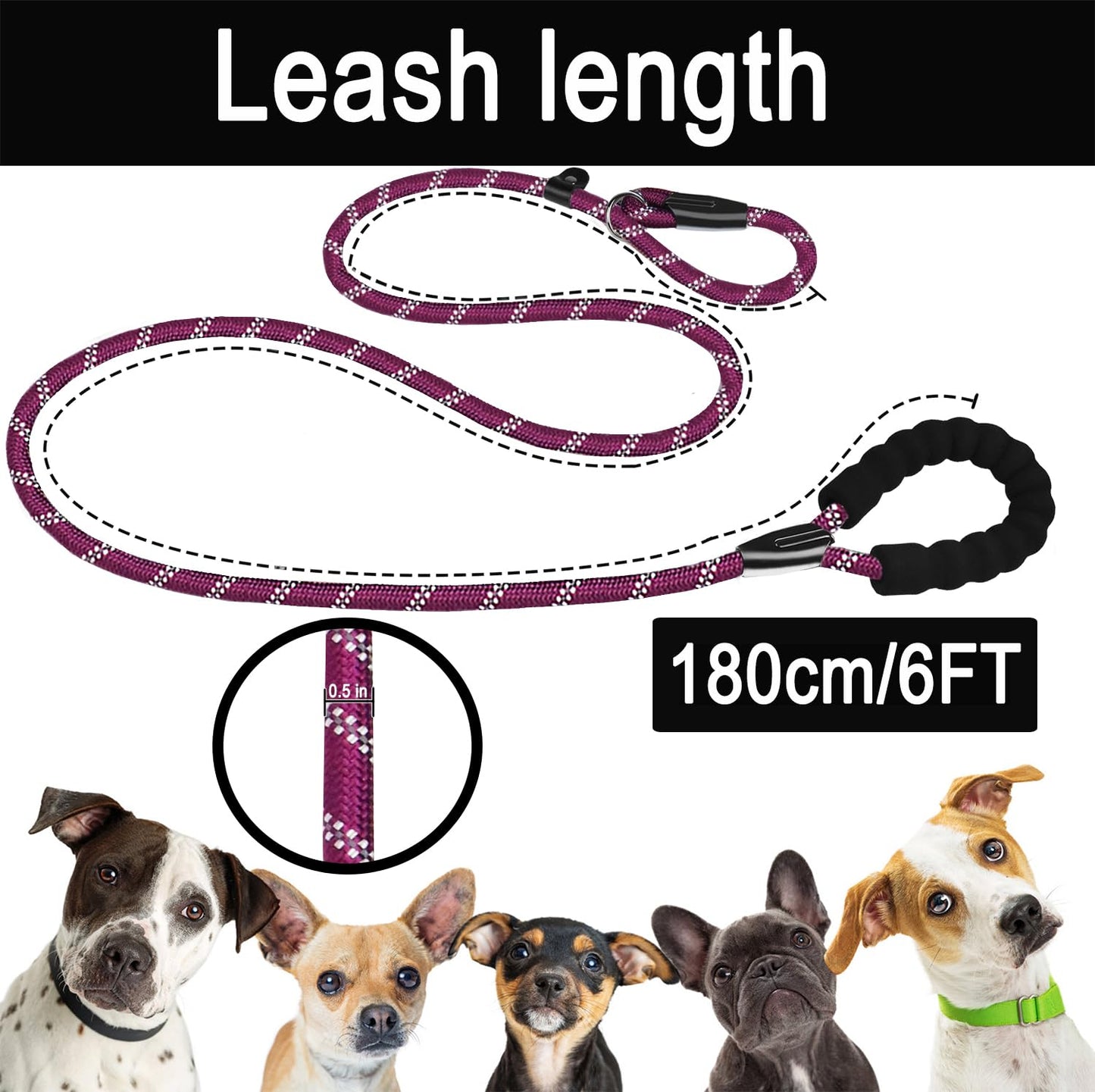 Hundeleine, 1,8 m lange, robuste Hundeleine, strapazierfähige Premium-Qualität, starke Seil-Schlupfleine mit komfortablem, gepolstertem Griff und hochreflektierenden Fäden für kleine, mittlere und große Hunde, (Schwarz) 