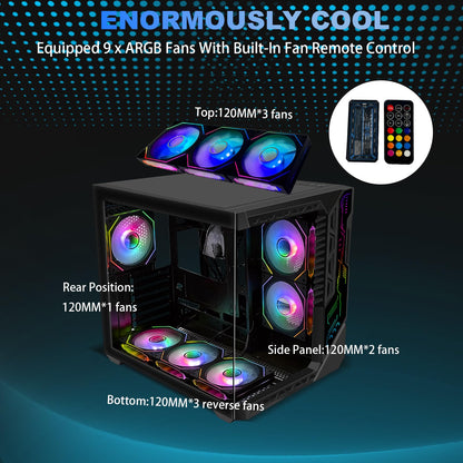 PC Gaming Case with 9pcs ARGB Fans,Mid-Tower case Control Remote,Type-C,ATX Case 360mm Radiator Support,ATX PC Case Tempered Glass Front/Side Panel,Computer Case High-Airflow Black