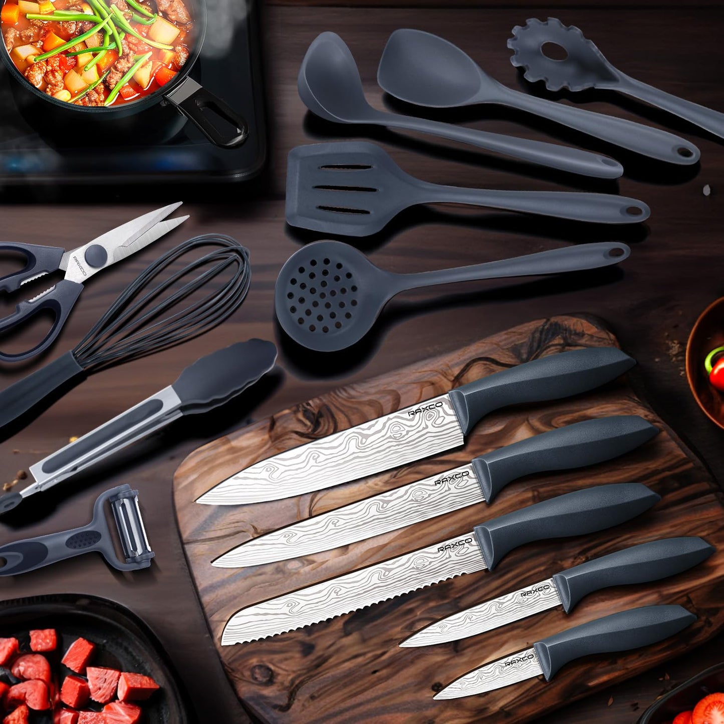 RAXCO Kochutensilien-Set, 18-teilig, Messer und Küchenhelfer mit Damastmuster, integrierte Aufbewahrung, Grau