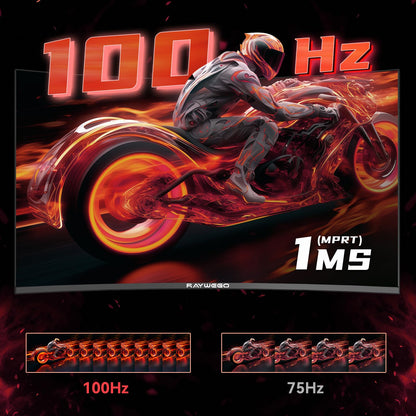 Raywego 24-Zoll-Curved-Monitor, 100 Hz, 1 ms, Gaming-Monitor mit Full-HD-Auflösung (1920 × 1080p), Kontrastverhältnis 3000:1, FreeSync- und Eye-Care-Technologie, HDMI × 1, VGA × 1, geeignet für Gaming, Homeoffice und Wandmontage.