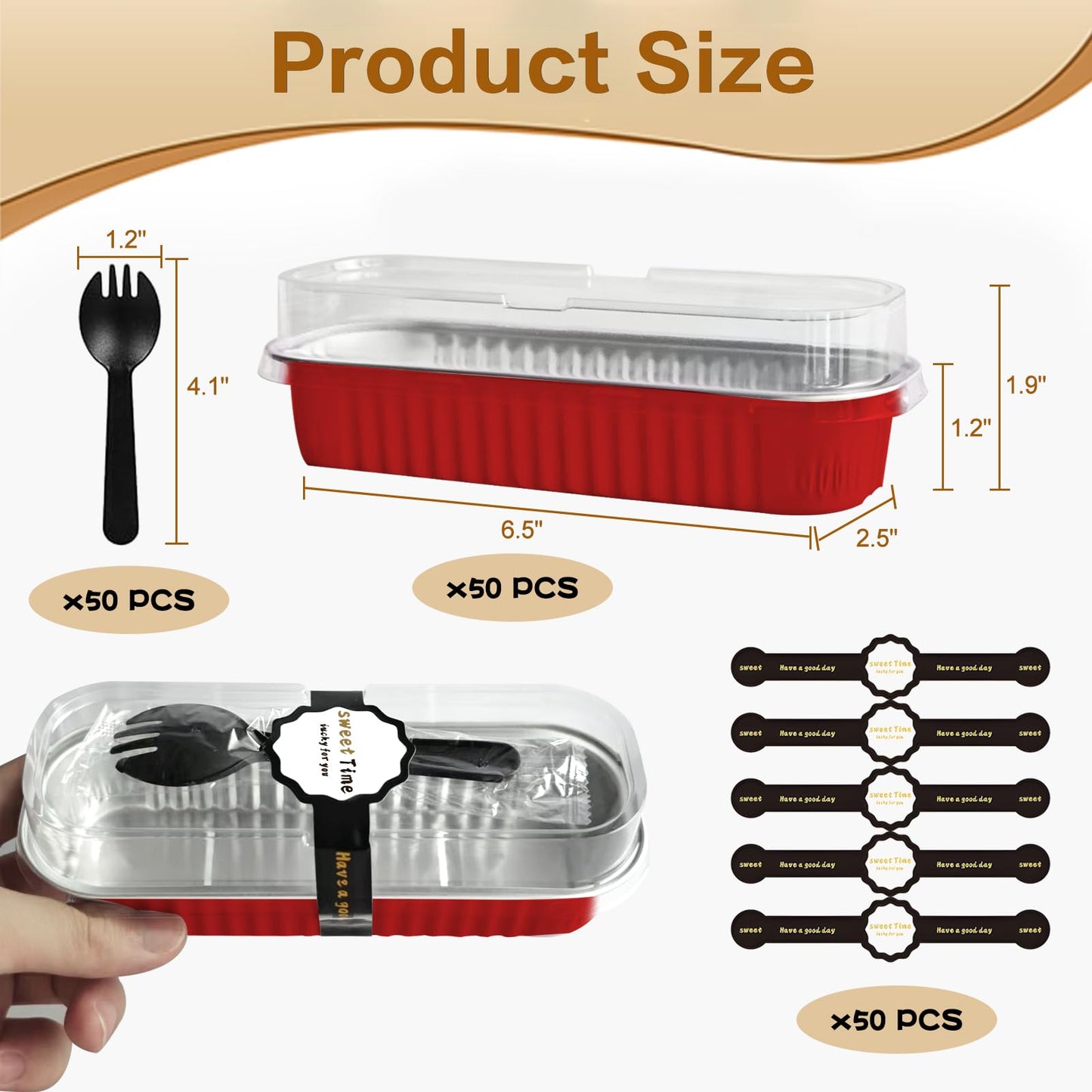 OBXMLFY Mini-Kuchenformen mit Deckel und Löffeln, 50er-Pack, 6,8 oz rechteckige Mini-Kastenformen, Einweg-Backförmchen aus Aluminiumfolie, Muffinformen - Rosa (50, rot)