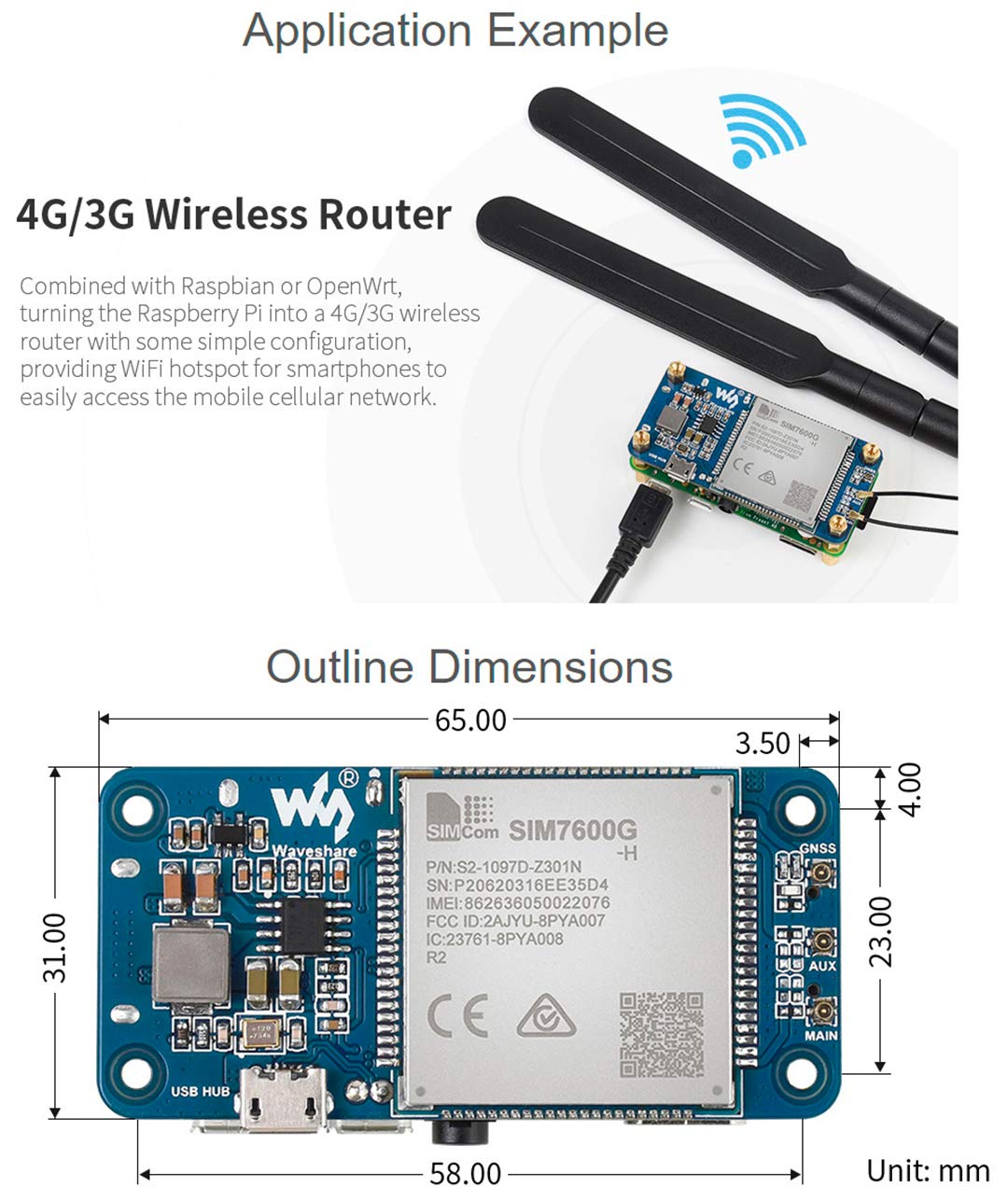 SIM7600G-H 4G HAT Module for Raspberry Pi and PC,Support LTE Cat-4 4G 3G 2G Communication and GNSS Positioning,Global Band,up to 50Mbps Uplink, 150Mbps Downlink