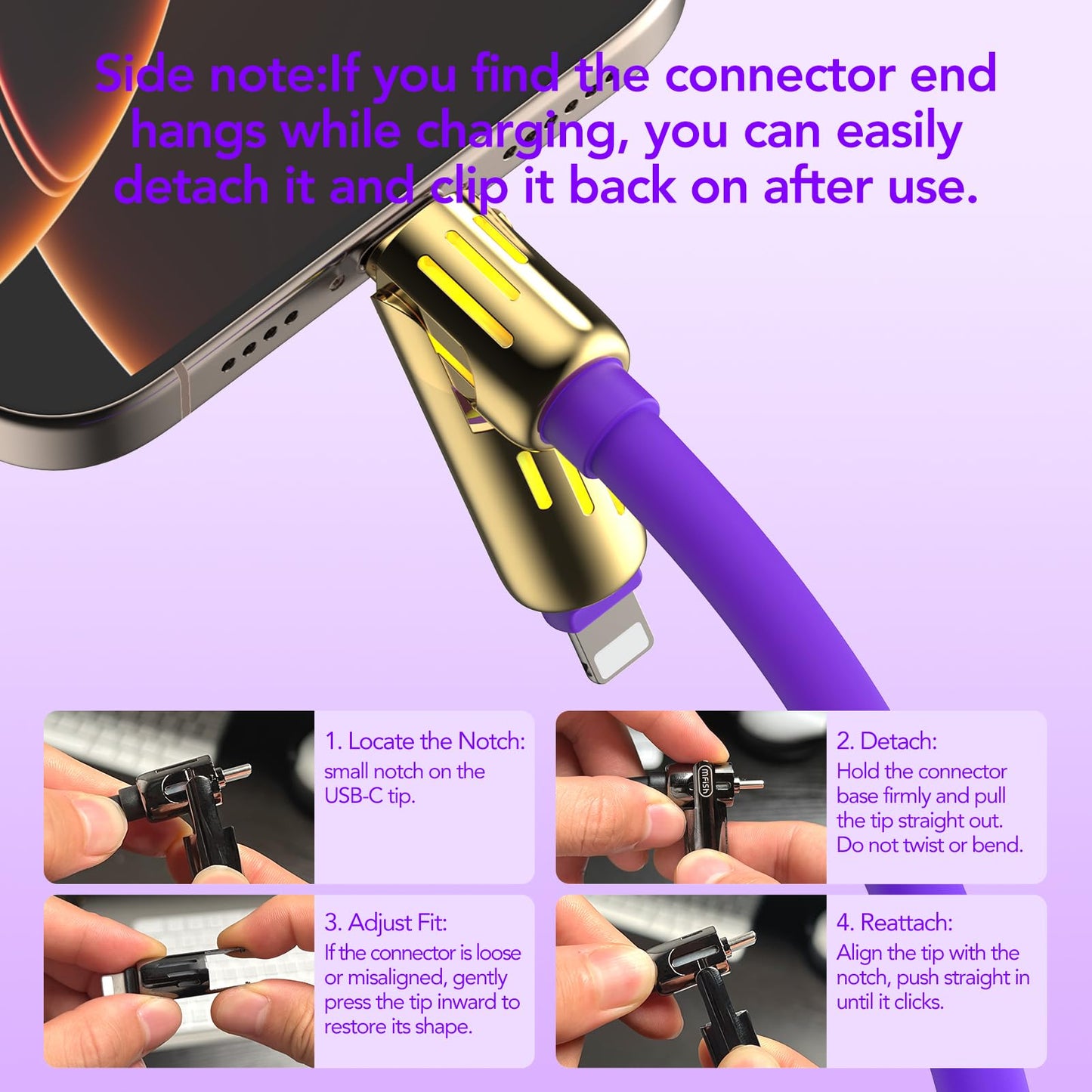 MFish 240W 4-in-1 Universal-USB-Ladekabel [2er-Pack, 2 m] - Schnellladekabel mit USB-A, Dual-USB-C und Lightning, für iPhone 14/15/16/17 Serie, iPad, MacBook und mehr (2er-Pack, Lila + Grün, 2 m)