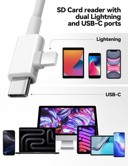 OPxjzws SD Card Reader for iPhone, SD Card Adapter with Lightening & USB C Dual Connectors Plug&Play Supports microSD, SD and USB-A OTG, Portable Trail Camera Memory Reader for iPhone Mac MacBook iPad
