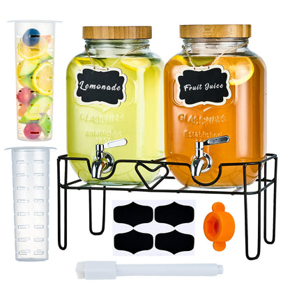 ShoreHao 2 Pack1Gallon Glass Drink Dispensers with Stand&Bamboo Lids&Fruit Infuser,304 Stainless Steel Leak-Proof Spigot,Beverage Dispenser for Parties,Water Sangria Juice Sun Tea Lemonade(Natural)