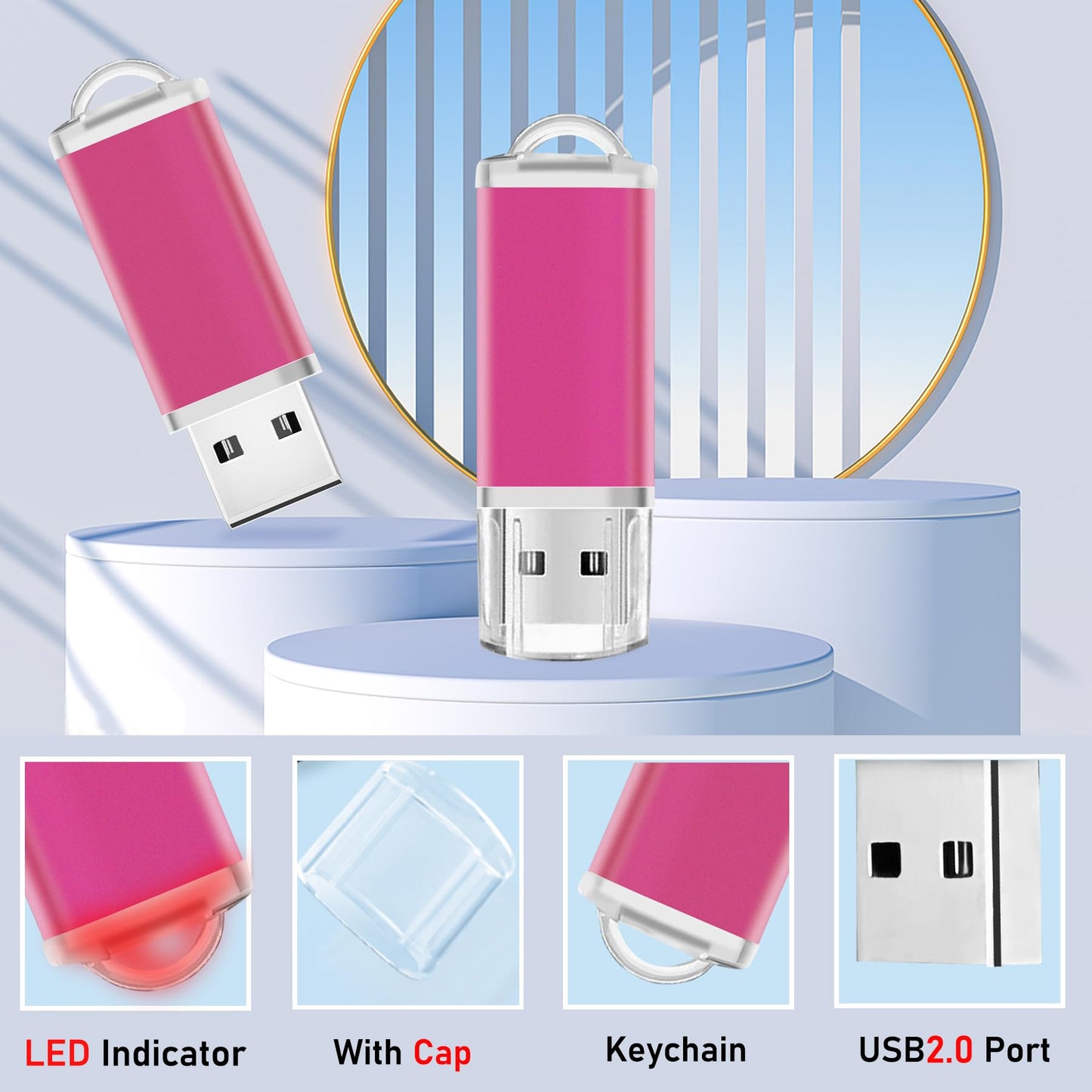 Nicepicten USB-Sticks 2 GB USB-Flash-Laufwerk 1er-Pack Zip-Laufwerk USB 2.0 Jump Drive Memory Stick Pendrrive mit Lanyards (Pink)