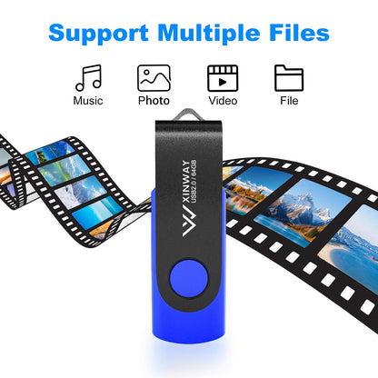 XINWAY 64GB USB 2.0 Flash Drives Thumb Drive Memory Stick Jump Drive Swivel Design, (2 Pack Tow Colors: Black Blue)