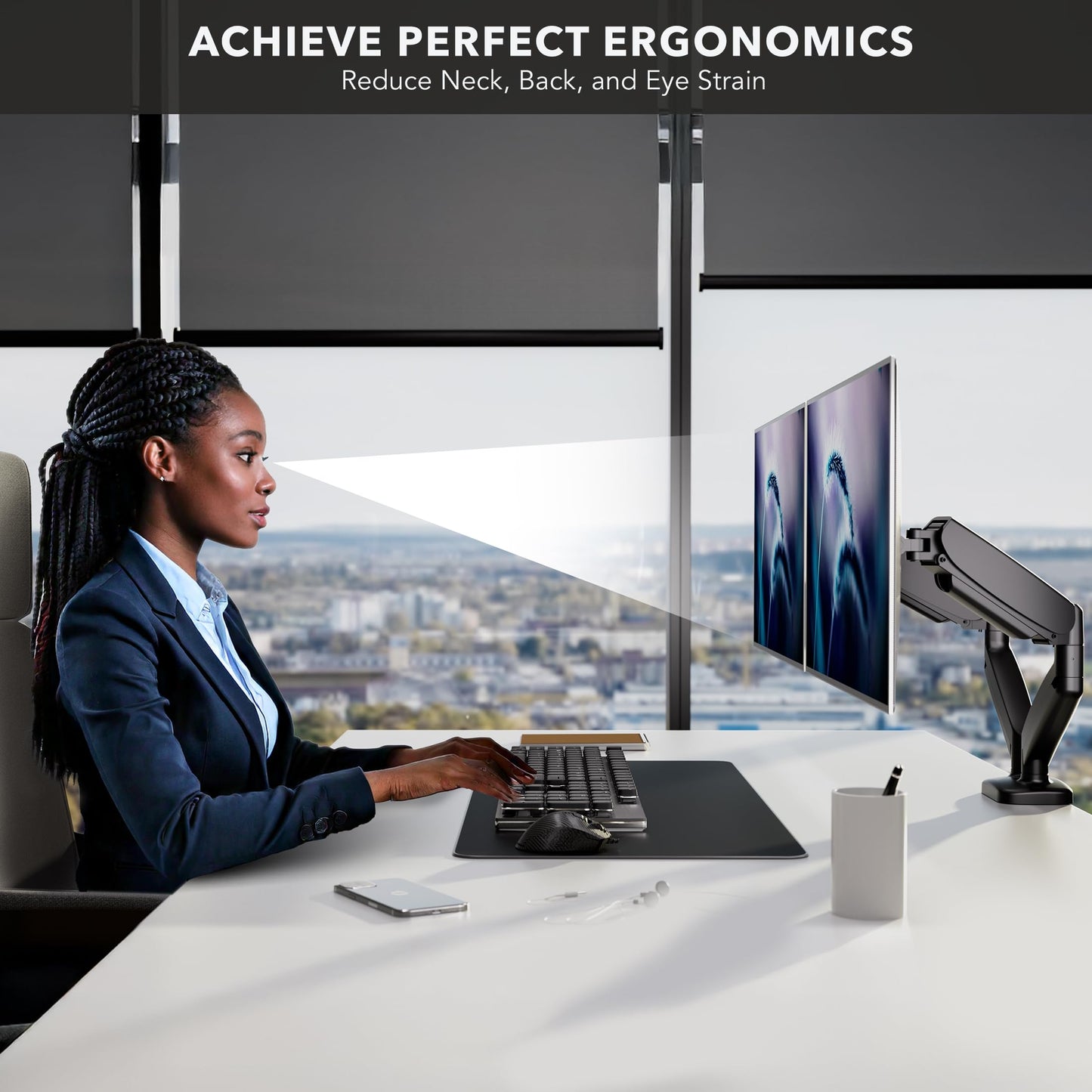 Mount-It! Dual Monitor Desk Mount - Full Motion Gas Spring Arms, Fits 13 to 32 Inch Screens, Holds 17.6 lbs per Arm, Dual Monitor Stand, VESA Mount, C-Clamp & Grommet Base