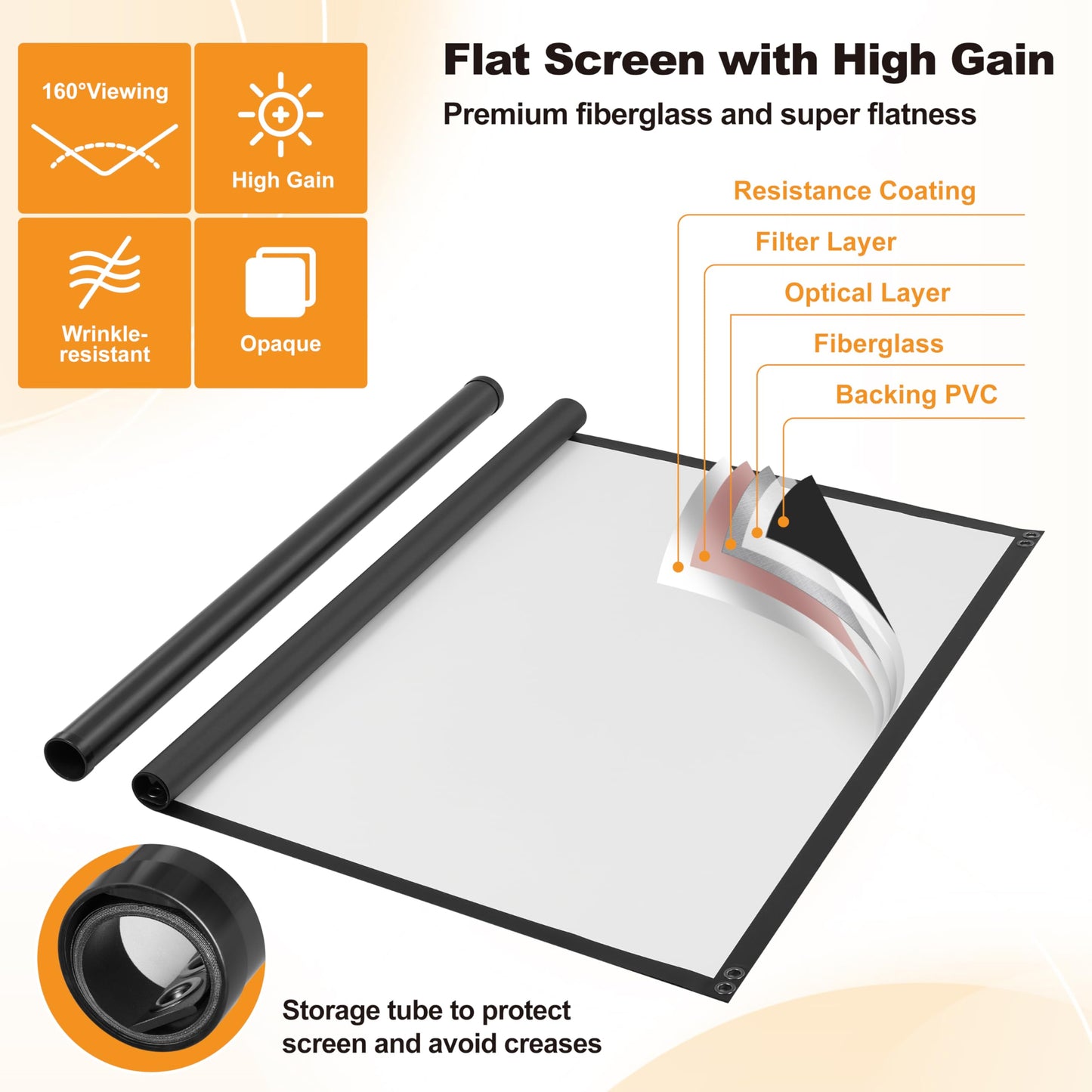 Outdoor-Leinwand, 100 Zoll, 16:9, hohe Verstärkung, mit Ständer, windbeständiges Design für den mobilen Einsatz im Freien, inklusive Seilen und Heringen, 4K-Bildqualität für Heimkino und Camping