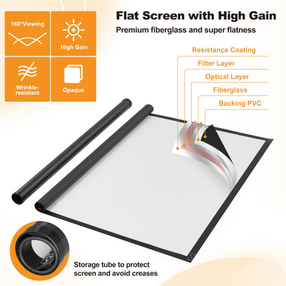 Outdoor-Leinwand, 100 Zoll, 16:9, hohe Verstärkung, mit Ständer, windbeständiges Design für den mobilen Einsatz im Freien, inklusive Seilen und Heringen, 4K-Bildqualität für Heimkino und Camping