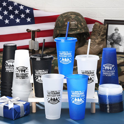 Skylety 24 Pcs Veterans Appreciation Gift 24 oz Support Our Veterans Day Gifts Plastic Coffee Cups with Straws and Lids Team Gift for Birthday Military Memorial Day