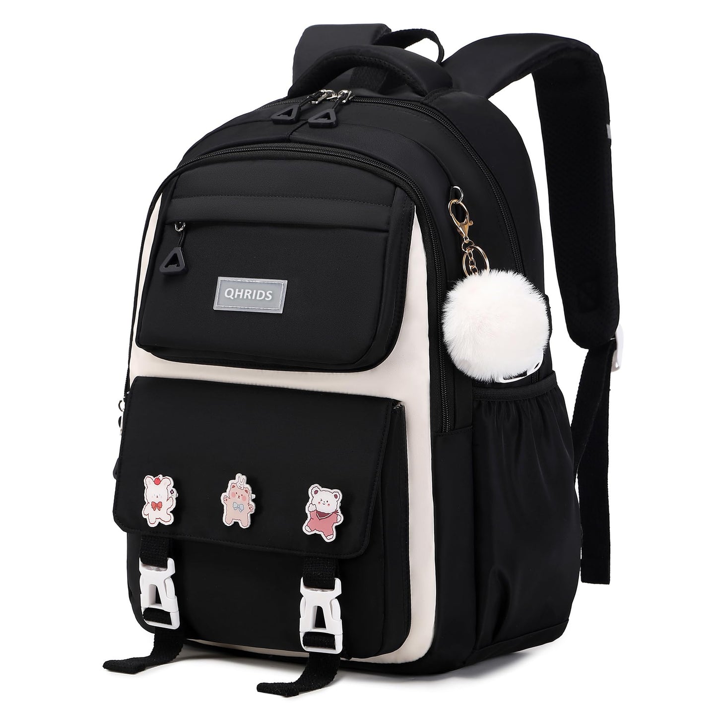 QHRIDS Mädchenrucksack, ästhetischer Laptop-Rucksack, Kawaii-Stil, große Schultasche, Anime-Stil, lässiger Reise-Tagesrucksack, Schwarz