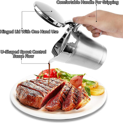 Stainless Steel Insulated Gravy Boat with Lid - 450ML/16OZ Double Insulated Gravy Pitcher for Hot & Cold Sauces - Sauce Jug with Hinged Lid, Ideal for Gravy or Cream at Thanksgiving, Gravy Pitcher