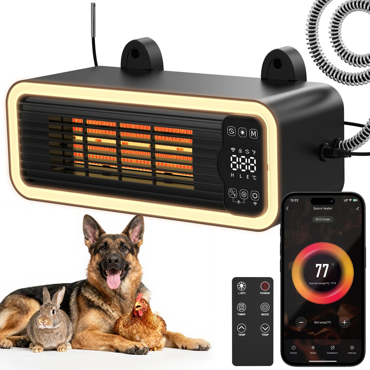 Intelligente WLAN-Hundehüttenheizung mit Thermostat, 1200 W, bissfest, sicher für den Außenbereich, für Zwinger, Eco-Modus und sanftes Licht