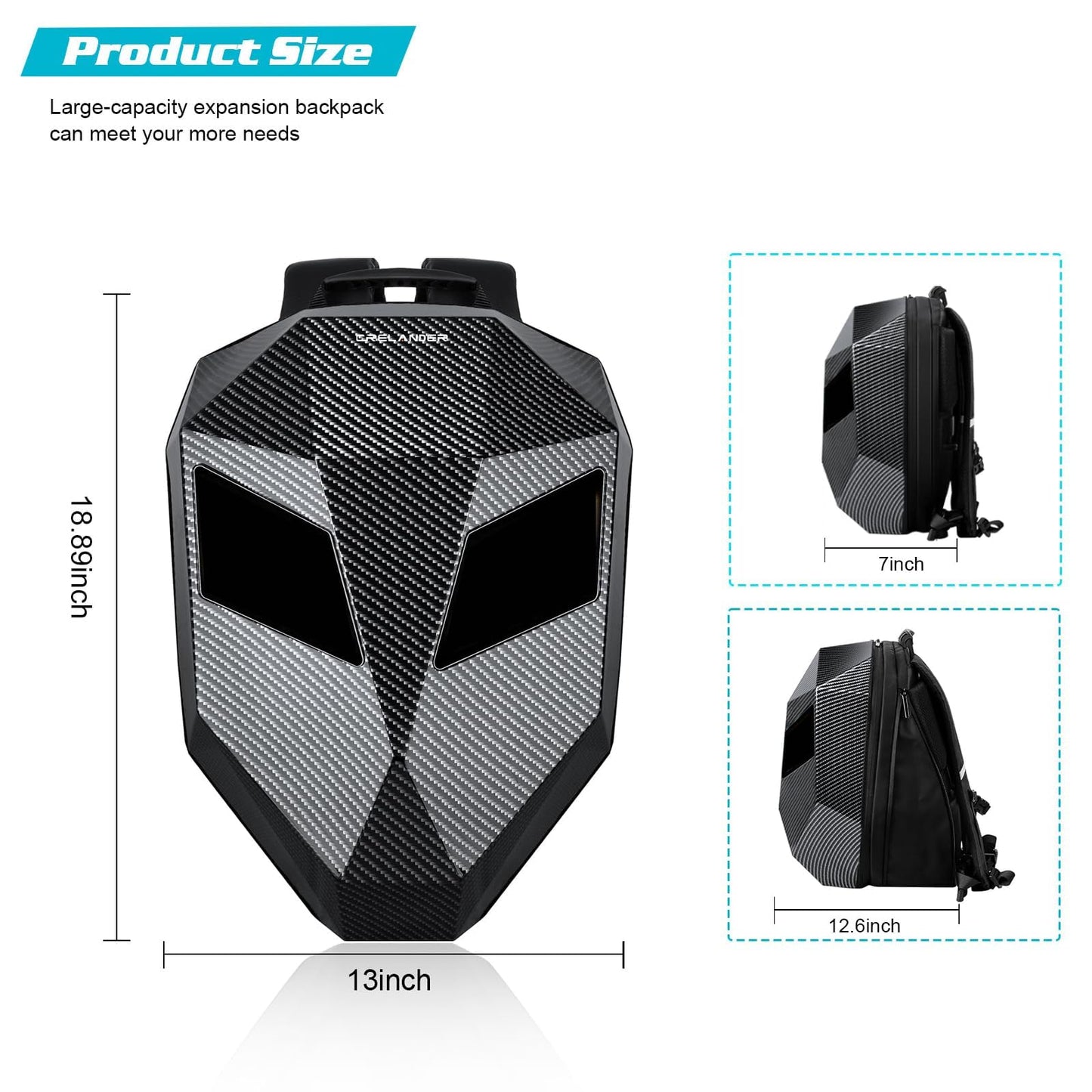 Crelander LED Knight Rucksack, 19-Zoll-Motorradrucksack mit App-Steuerung, programmierbarem Vollfarbdisplay, wasserdicht, großes Fassungsvermögen, Hartschalen-Helmtasche, DIY-Pixel-Art-Animations-Laptop-Tagesrucksack 