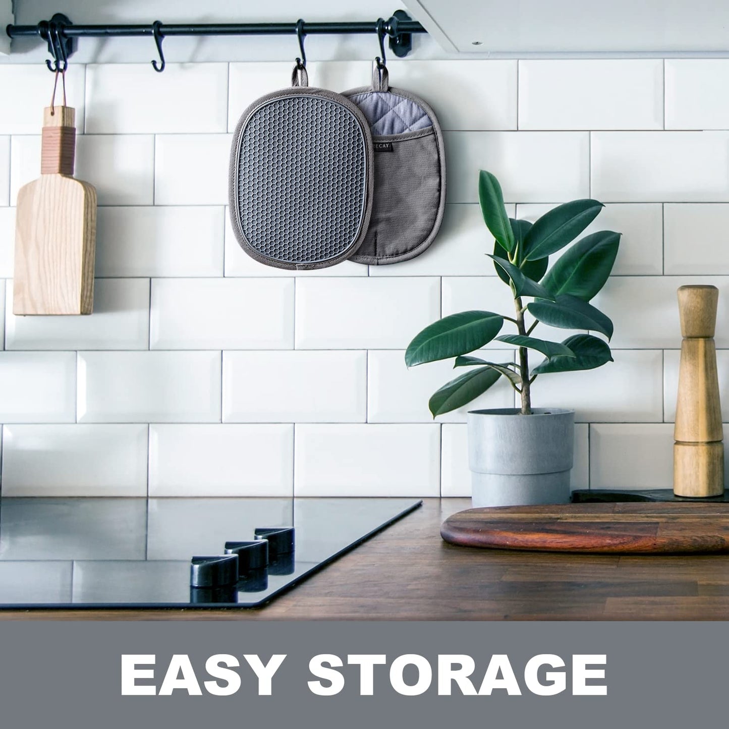 2-Pack Silicone Pot Holders for Kitchen Heat Resistant up to 500°F, Non-Slip Large Hot Pads with Pocket, Quilted Liner Trivets for Countertops Hot Pots and Pans (Gray)