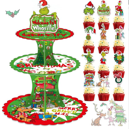 Tentaquil Green 3-Tier Cupcake Stand and 12pcs Cupcake Toppers Christmas Cupcake Holder Christmas Cupcake Decorations Whoville Christmas Decorations Christmas Party Supplies