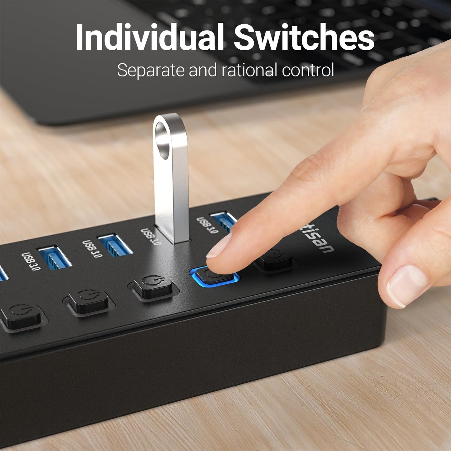 Aktiver USB-Hub, 11-Port-USB-3.0-Hub-Splitter – 10 USB-3.0-Datenübertragungsports + 1 intelligenter Ladeanschluss, USB-3.0-Hub mit individuellen LED-Ein-/Ausschaltern und 5V/4A-Netzteil