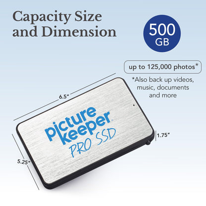 Picture Keeper PRO Portable Hard Drive 500GB - USB Hard Drive for PC & Mac Laptops & Computers, 1/2 Terabyte Portable External SSD Memory Storage for Photos, Videos & More - 500GB, Silver
