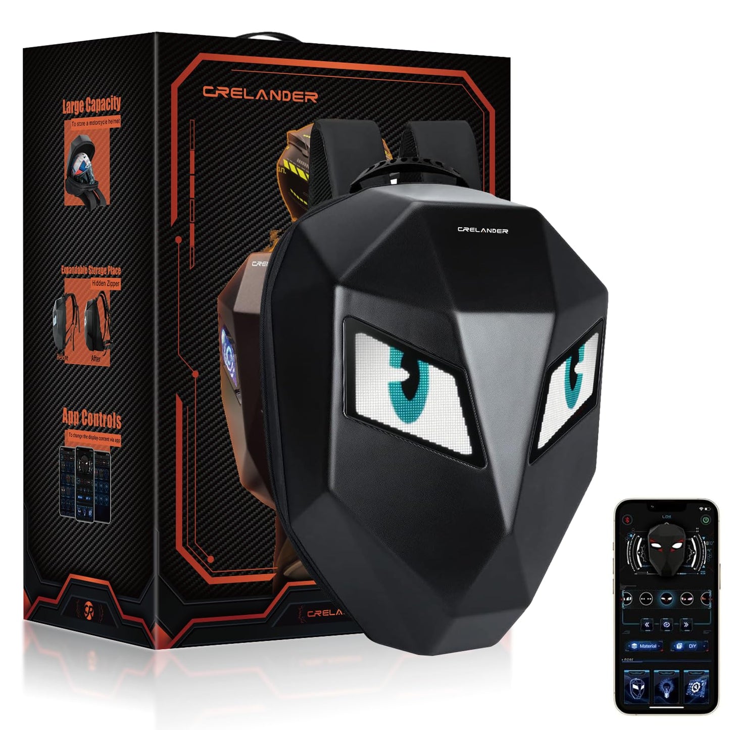 Crelander LED Knight Rucksack, 19-Zoll-Motorradrucksack mit App-Steuerung, programmierbarem Vollfarbdisplay, wasserdicht, großes Fassungsvermögen, Hartschalen-Helmtasche, DIY-Pixel-Art-Animations-Laptop-Tagesrucksack 