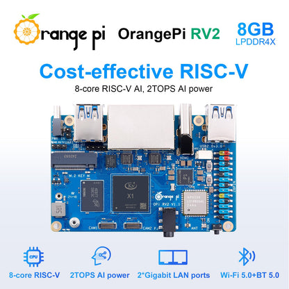 Orange Pi RV2 8GB RAM LPDDR4X RISC V 8 Core 2Tops Al Arithmetic Power Development Board, Wi-Fi 5+BT 5 with BLE Support Single Board Computer Run Ubuntu24.04 (8GB)