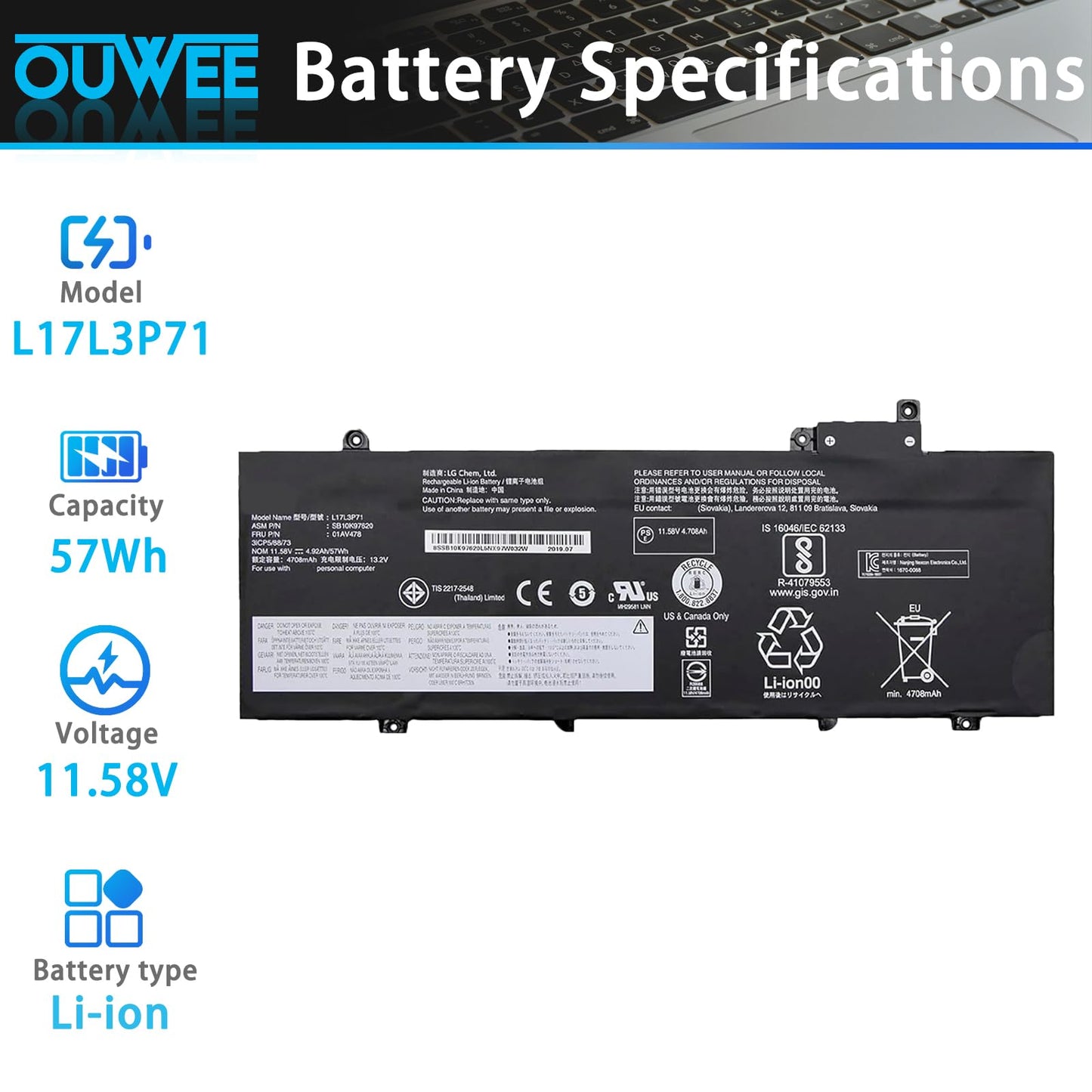 OUWEE L17L3P71 L17M3P71 Laptop-Akku, kompatibel mit Lenovo ThinkPad T480S Serie Notebook 01AV478 SB10K97620 01AV479 SB10K97621 L17M3P72 01AV480 SB10K97622, ​​11,58 V, 57 Wh, 4920 mAh