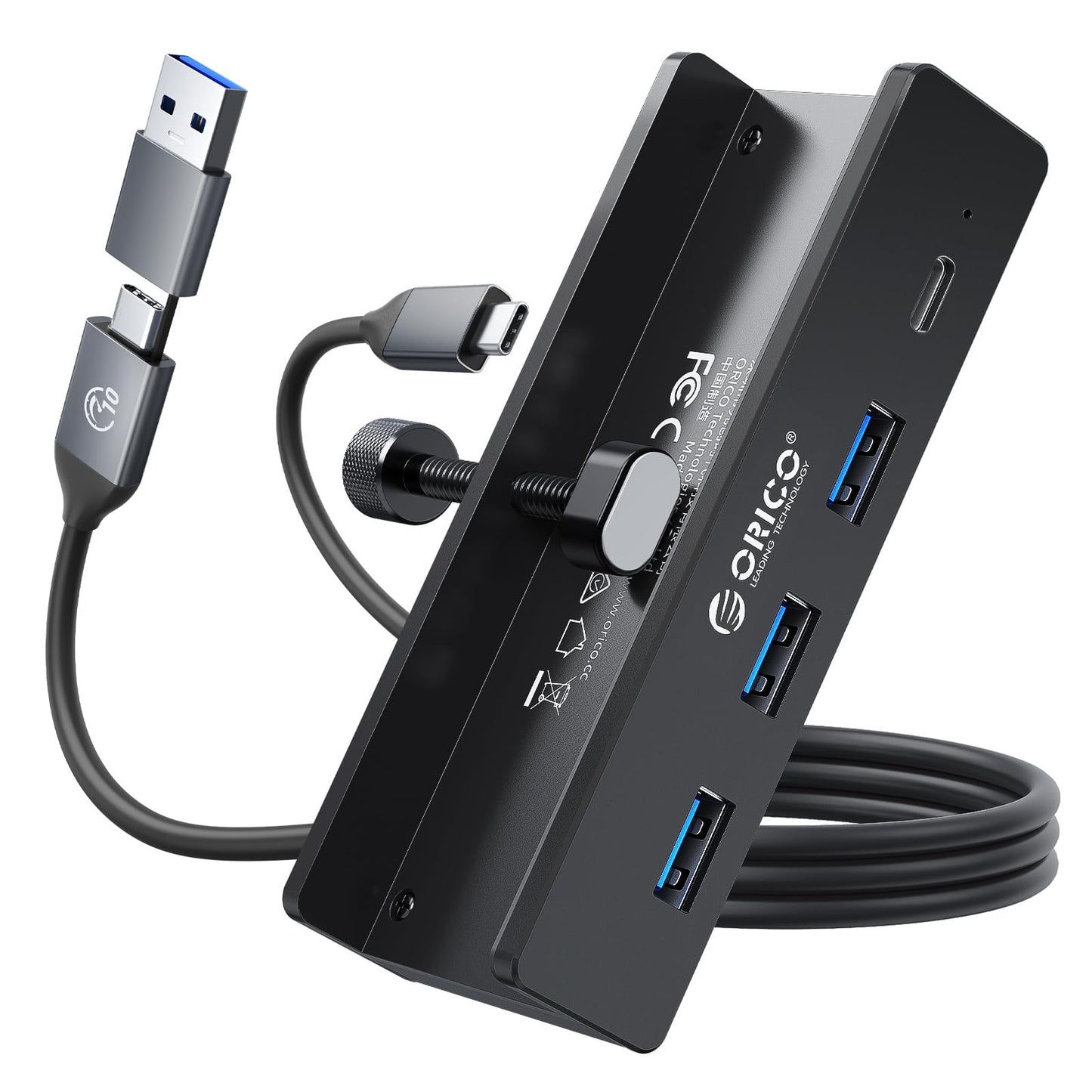 ORICO USB Hub 3.0, Clamp USB Hub with Extra Power Supply Port, Aluminum 4-Port USB Adapter with 3 USB-A Data Ports, USB-C Port for Monitors, Desks (Black)